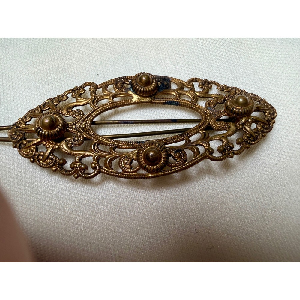 Vintage Czech Filigree Hair Barrette Ornate  Openwork Gold Tone